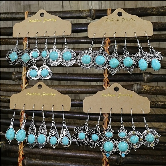 12 Pairs Turquoise Gemstone Boho Drop Earrings - Picture 1 of 7